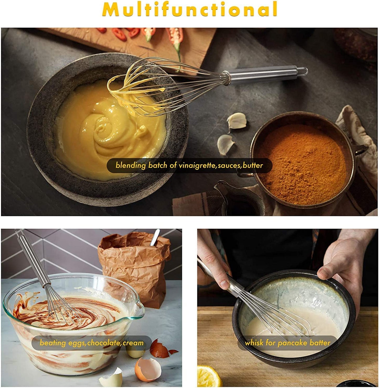 Professional Stainless Steel Heavy Duty Balloon Whisk Set, 3 Packs Balloon Whisk for Cooking, Whisking, Blending (8",10",12")