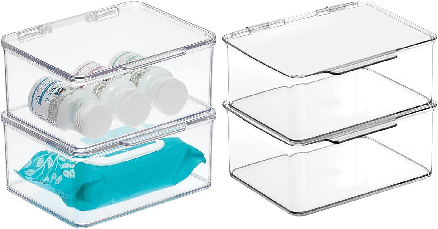 Set of 4 Storage Box with Lid – Practical Plastic Medicine Organiser – Stackable Storage Container for Serums, Oils, Cosmetics and More – Clear