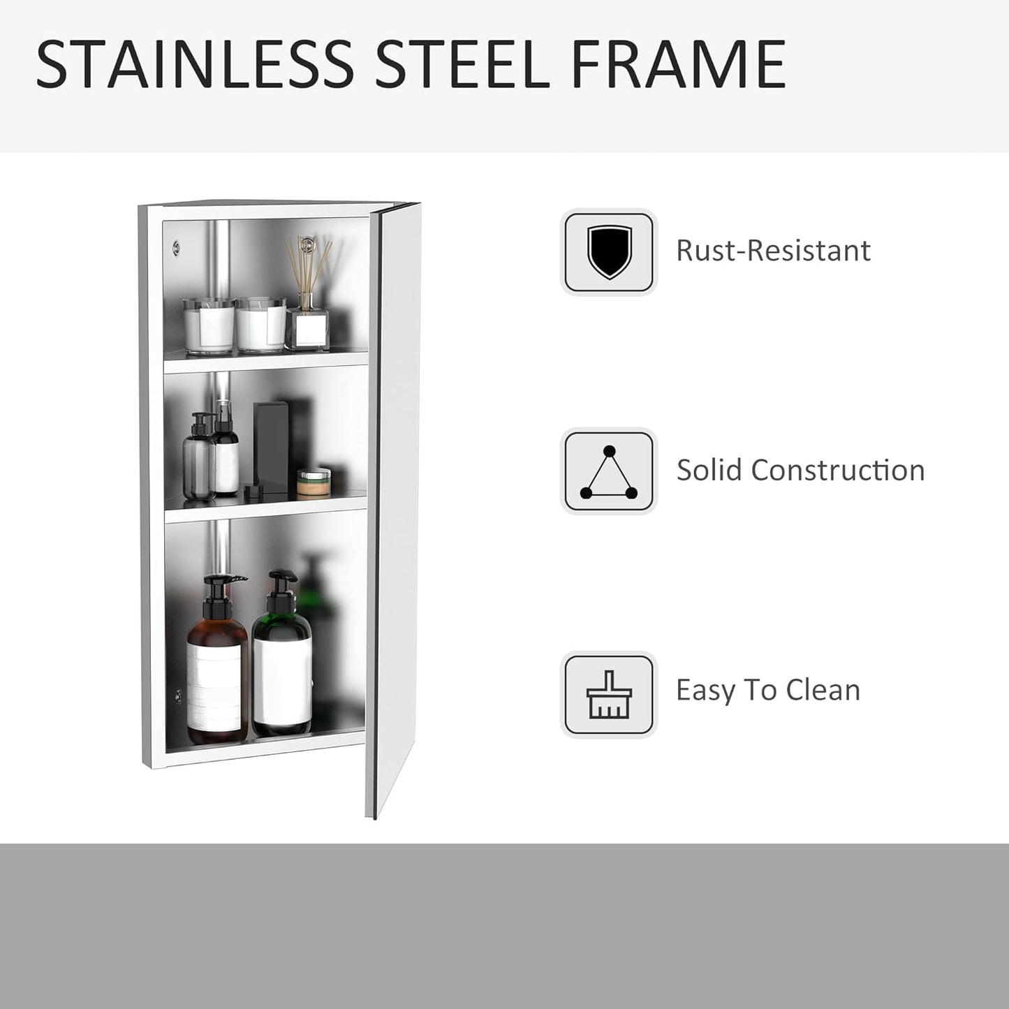 Wall Mount Corner Mirror Cabinet with Three Shelves, Stainless Steel Bathroom Storage Cabinet with Door