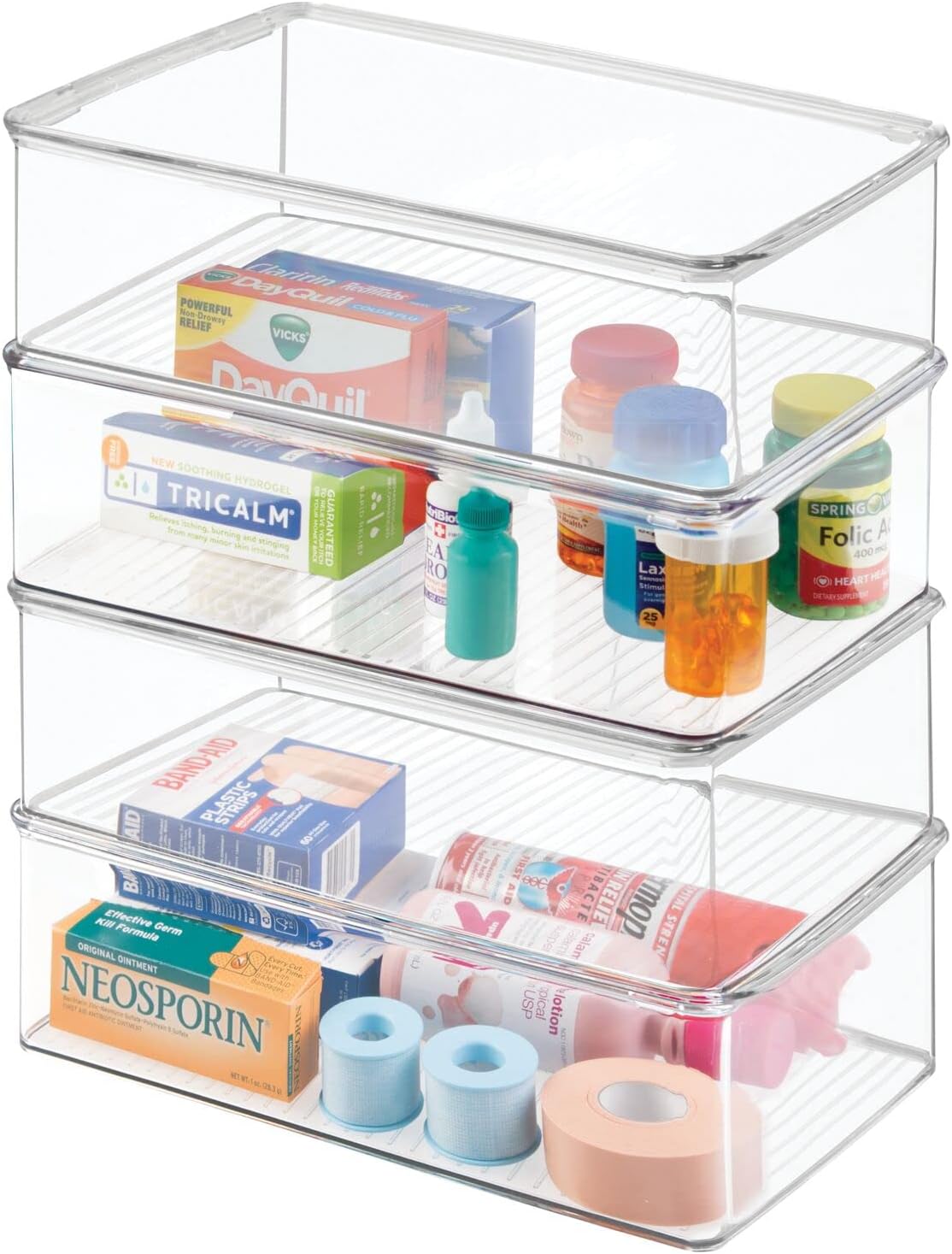 Set of 4 Storage Box with Lid – Practical Plastic Medicine Organiser – Stackable Storage Container for Serums, Oils, Cosmetics and More – Clear