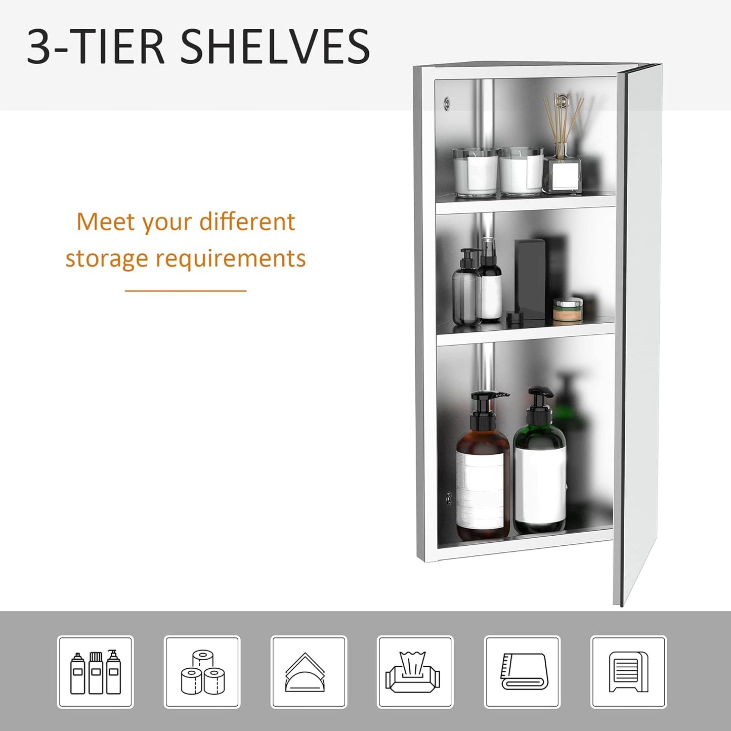 Wall Mount Corner Mirror Cabinet with Three Shelves, Stainless Steel Bathroom Storage Cabinet with Door