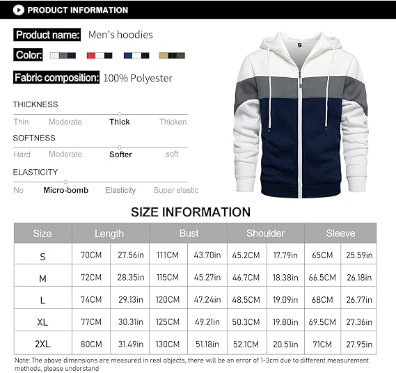 Mens Hoodie Zip up Hoodies Color Block Hooded Sweatshirt Long Sleeve Patchwork Tops with Pockets