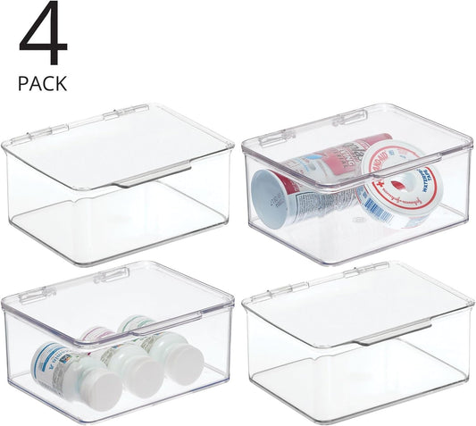 Set of 4 Storage Box with Lid – Practical Plastic Medicine Organiser – Stackable Storage Container for Serums, Oils, Cosmetics and More – Clear