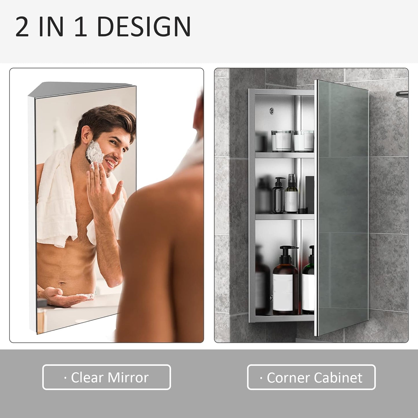 Wall Mount Corner Mirror Cabinet with Three Shelves, Stainless Steel Bathroom Storage Cabinet with Door