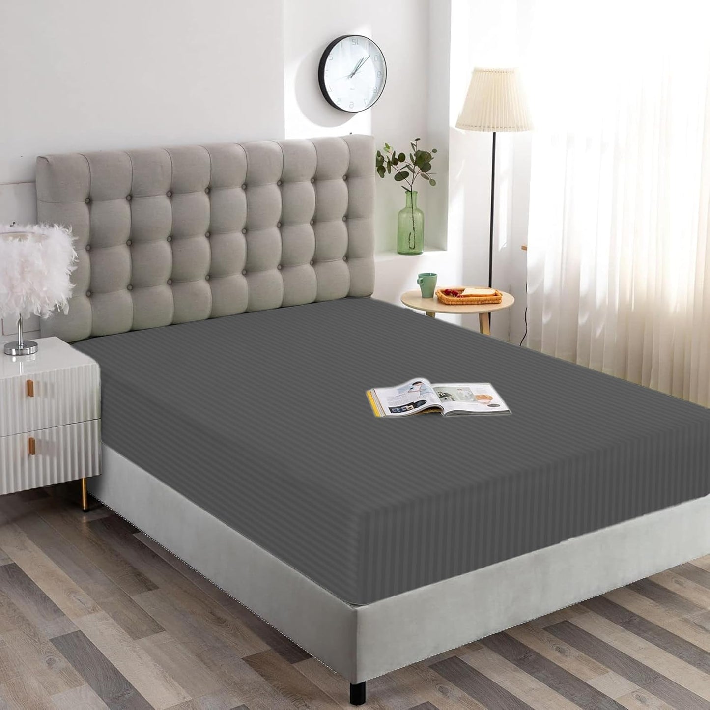 Charms Trend Modern Stripe White Fitted Sheet 30cm / 12” Deep Easy Care Bedding Poly Cotton Bed Sheets