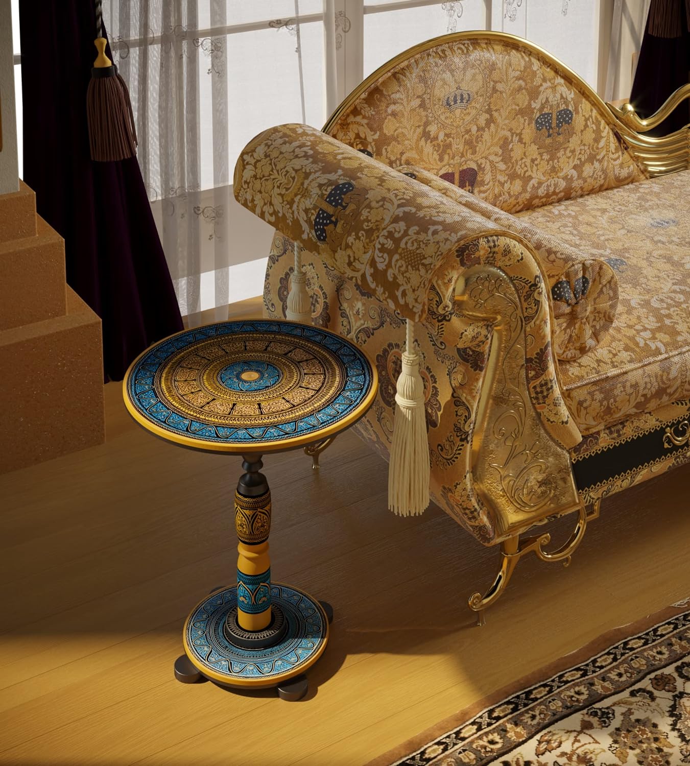 Coffee Table for Living Room - Decorative Small Side Table Living Room, Antique Design Small Table for Room Decor, Home Decor, Emerald Blue & Golden