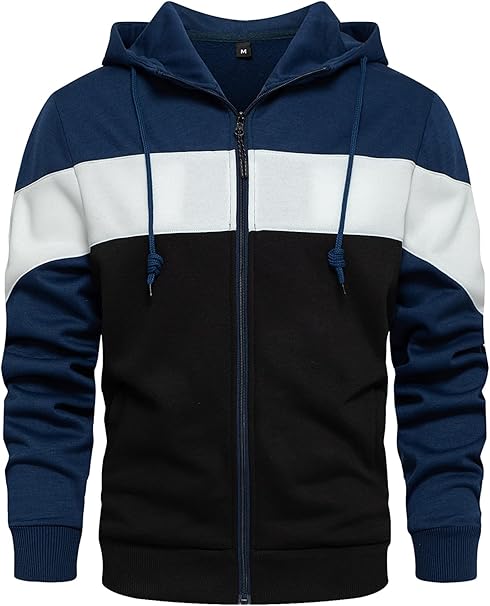 Mens Hoodie Zip up Hoodies Color Block Hooded Sweatshirt Long Sleeve Patchwork Tops with Pockets