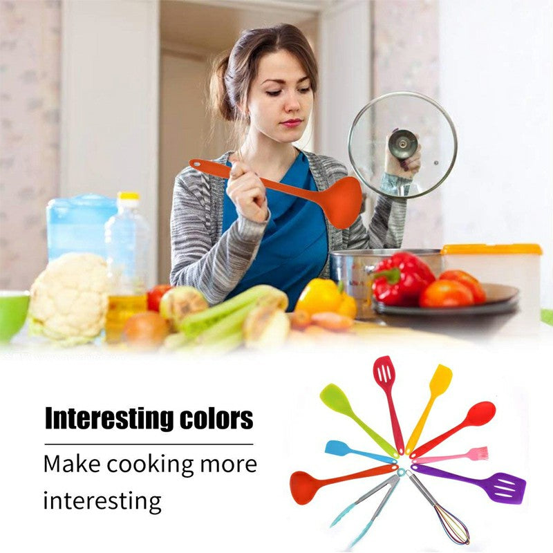 10 pcs Silicone Heat Resistant Kitchen Cooking Utensils Non-stick Baking Tool Tongs ladle Gadget