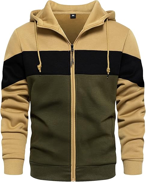 Mens Hoodie Zip up Hoodies Color Block Hooded Sweatshirt Long Sleeve Patchwork Tops with Pockets