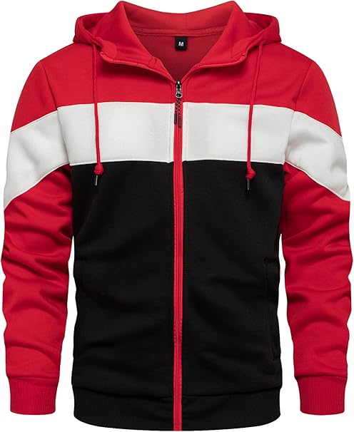 Mens Hoodie Zip up Hoodies Color Block Hooded Sweatshirt Long Sleeve Patchwork Tops with Pockets