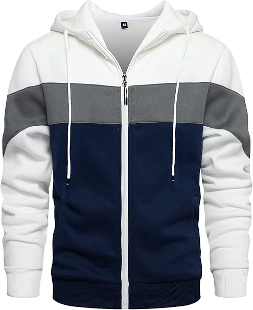 Mens Hoodie Zip up Hoodies Color Block Hooded Sweatshirt Long Sleeve Patchwork Tops with Pockets